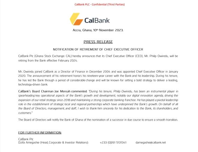 CalBank announces retirement of Philip Owiredu as CEO, effective February 2024