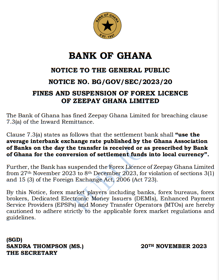 Zeepay Ghana fined, forex license suspended temporarily