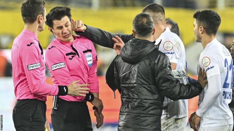 MKE Ankaragucu president Faruk Koca throws a punch at referee Halil Umut Meler after the Turkish Super Lig game with Caykur Rizespor 1