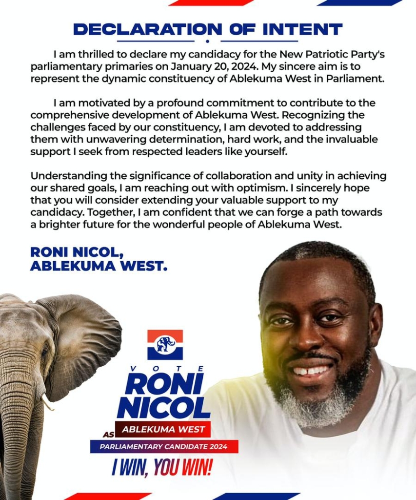 Roni Nicol declares candidacy for NPP's Ablekuma West parliamentary primaries