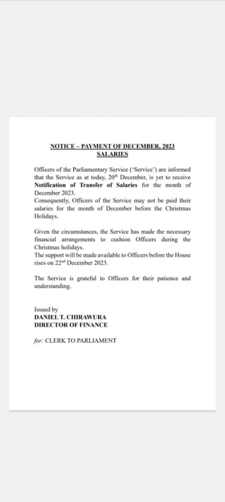 December salaries for parliamentary staff to be paid after Christmas festivities