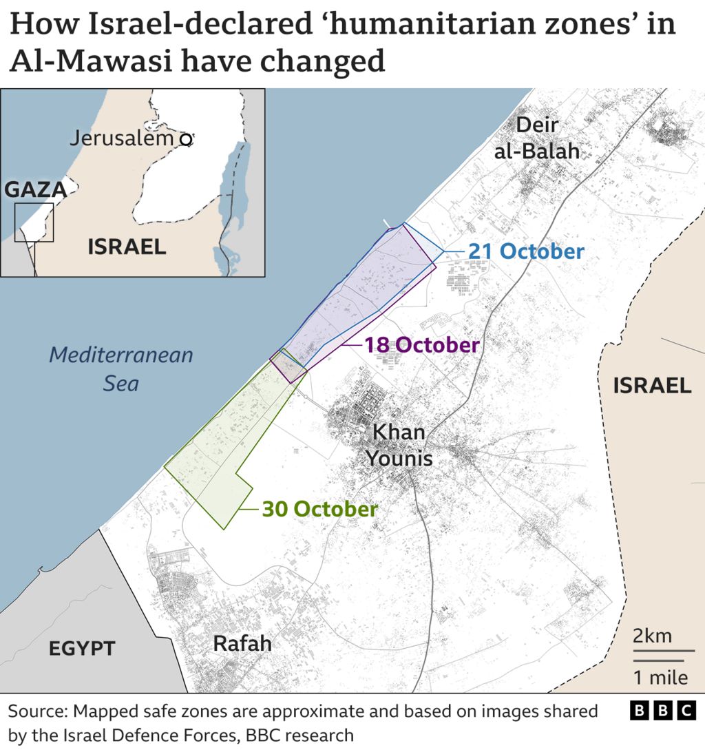 A map showing the different "humanitarian zones" that the IDF has designated within al-Mawasi from 18 October, 21 October and 30 October