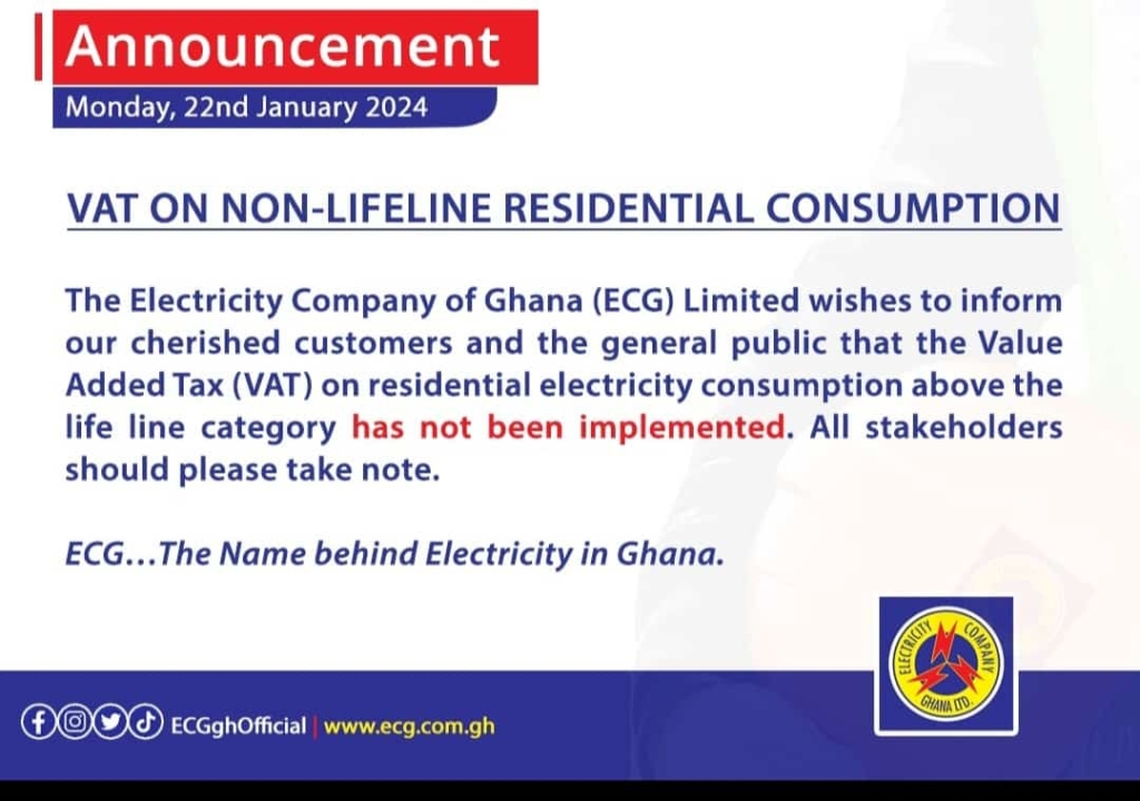 VAT on non-lifeline residential consumption not implemented - ECG
