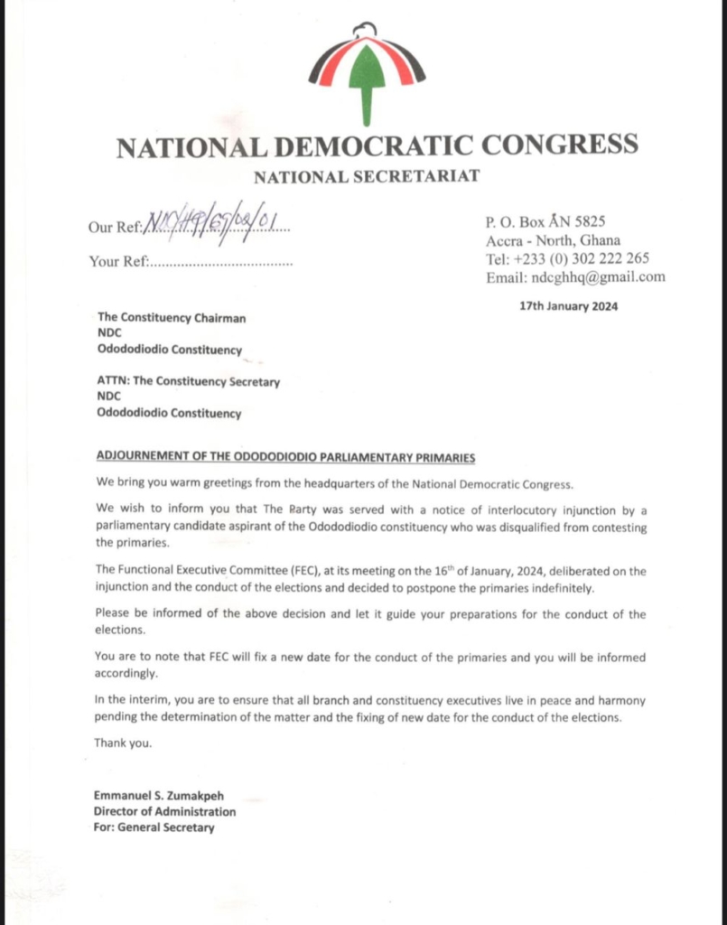 Lawsuit forces NDC to indefinitely postpone Odododiodio parliamentary primaries