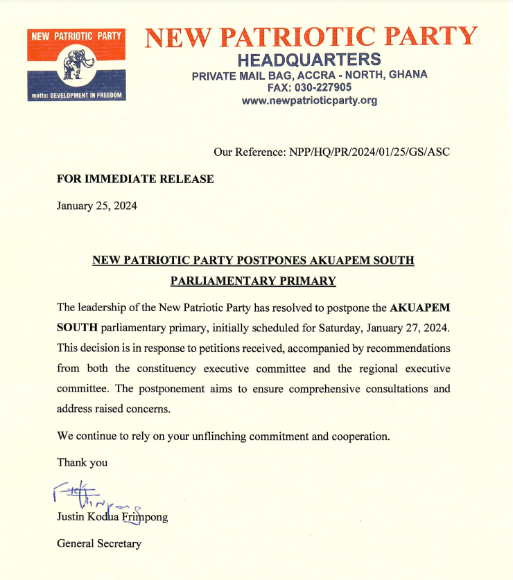 NPP postpones Akuapem South parliamentary primary