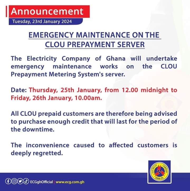 CLOU prepaid system server to experience downtime between Thursday and Friday - ECG