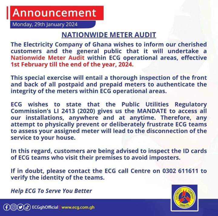 ECG to undertake nationwide meter audit effective Thursday, Feb. 1