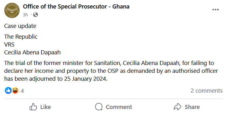 Cecilia Dapaah's trial adjourned to January 25