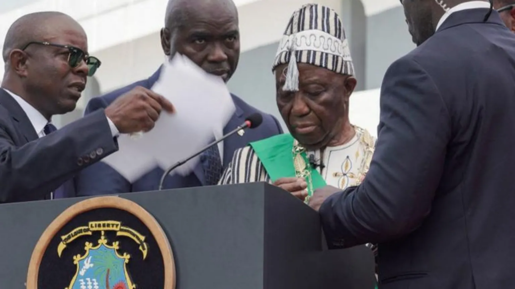 Liberia's new president Joseph Boakai fails to end inauguration speech