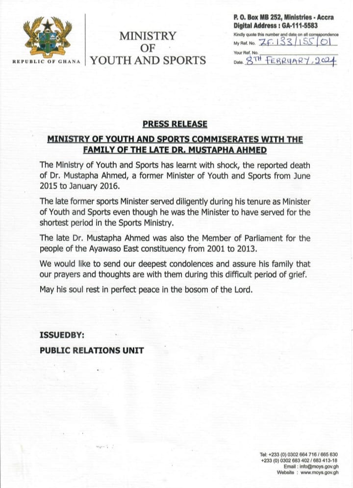 Youth and Sports Ministry eulogises Mustapha Ahmed
