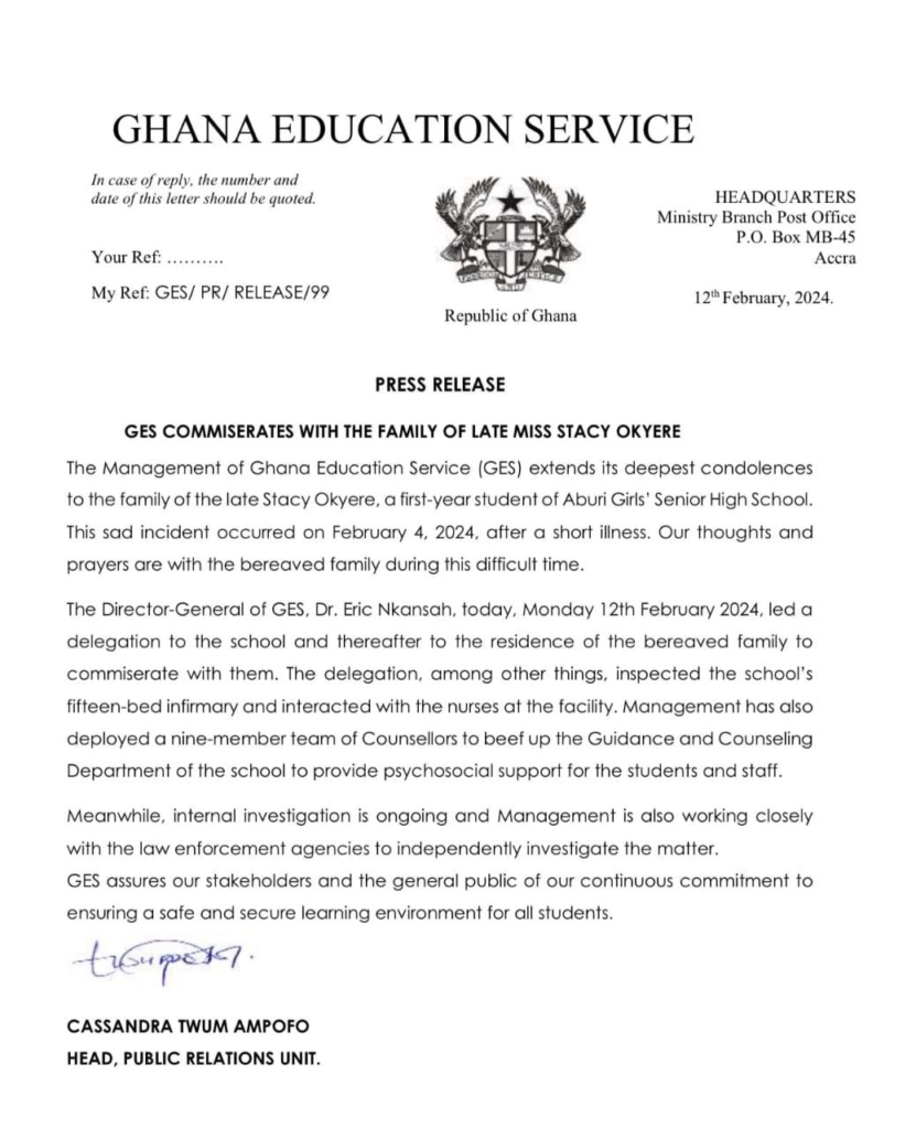 GES initiates inquiry into demise of 16-year old Aburi Girls SHS student