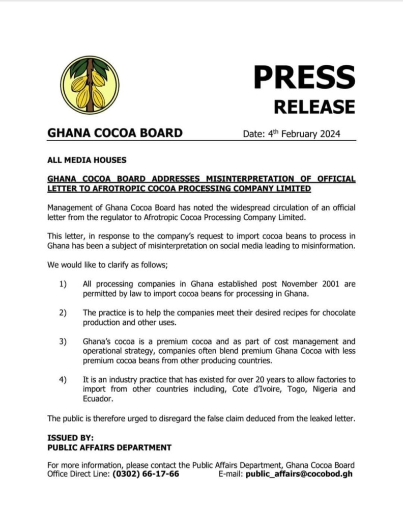 Disregard false claim - COCOBOD responds to reports of cocoa imports into Ghana
