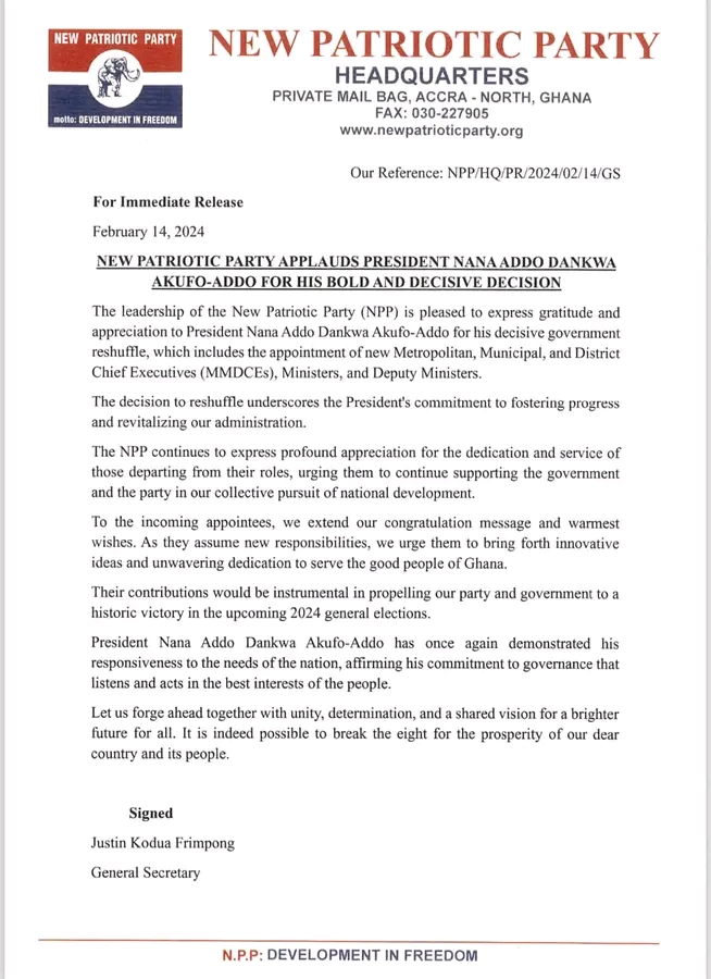 NPP lauds Akufo-Addo for "decisive government reshuffle"