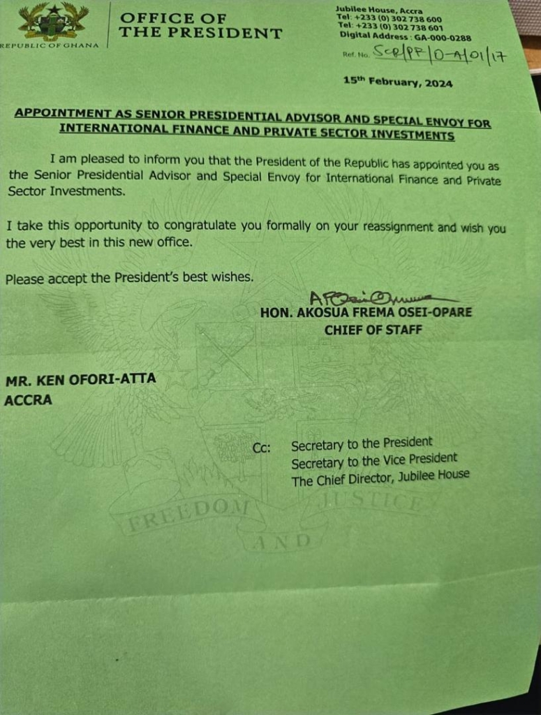 Akufo-Addo appoints Ofori-Atta as Senior Presidential Advisor