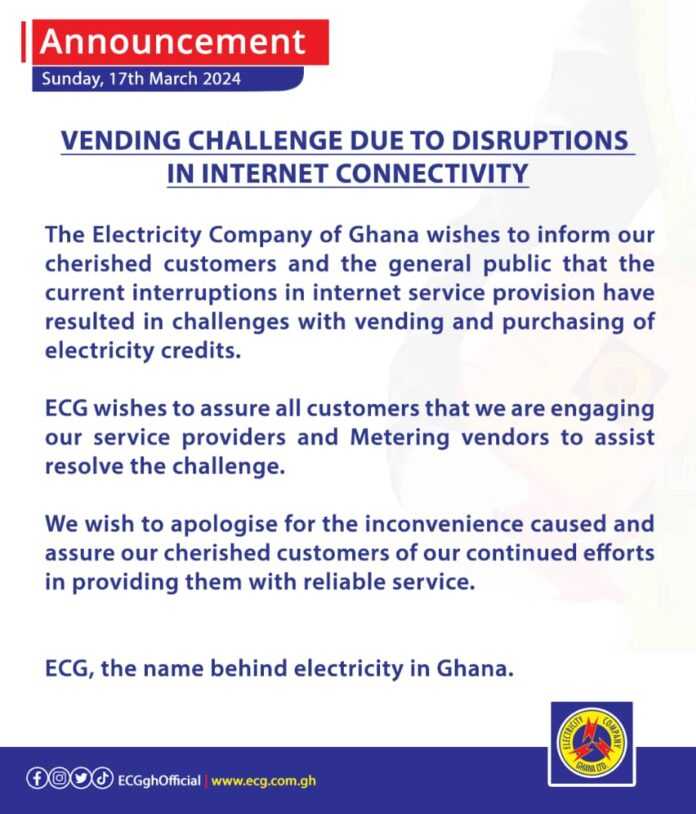 ECG attributes difficulties in purchasing electricity credit to 'internet disruptions'