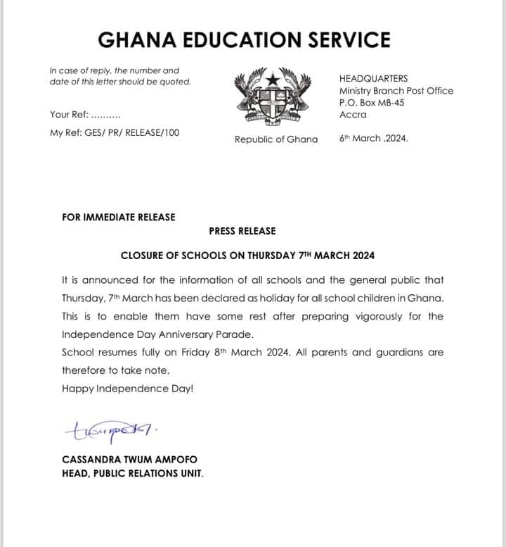 GES declares March 7 a holiday for school children