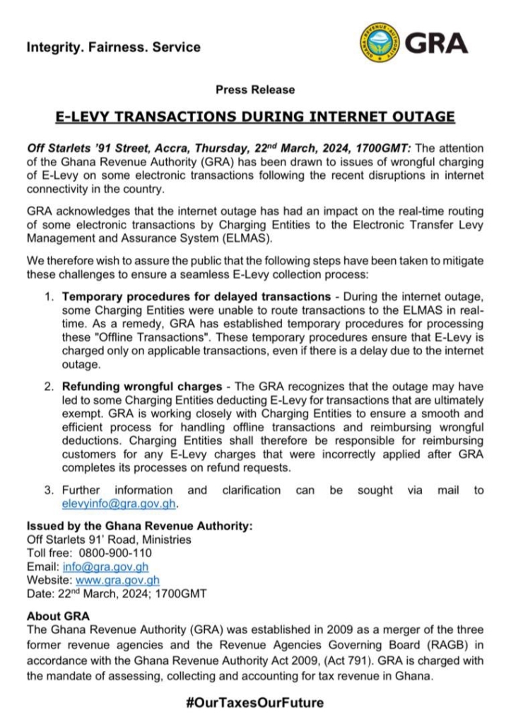 Internet outage: We are working with Charging Entities to reimburse wrongful E-Levy deduction - GRA