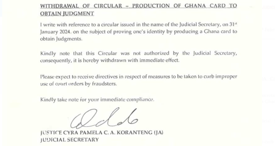 Judicial Service withdraws 'No Ghana Card, No Court Document' directive