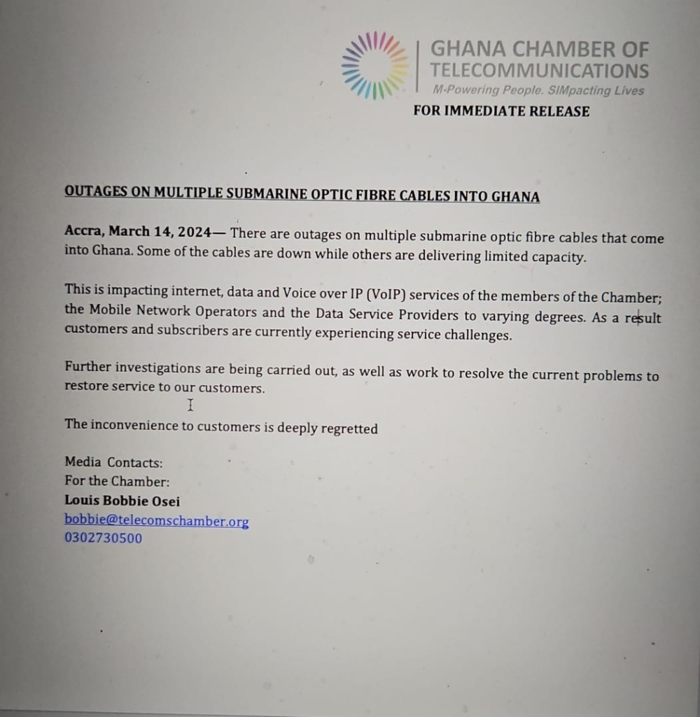 Telecoms Chamber attributes internet connectivity challenges to outages on multiple submarine optic fibre cables