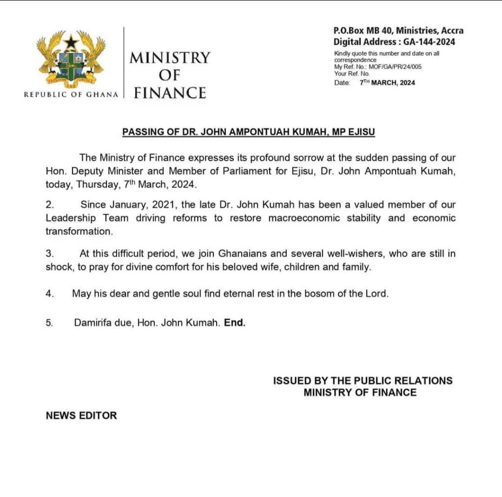 John Kumah was a valued member of our leadership team - Finance Ministry mourns