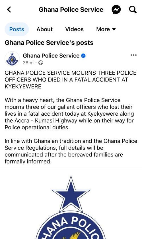 Ghana Police Service mourns 3 officers who died in an accident at Kyekyewere