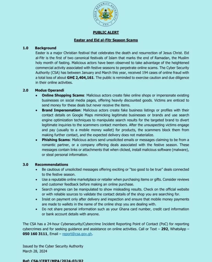 194 cases of online fraud recorded in first quarter of 2024 - Cyber Security Authority