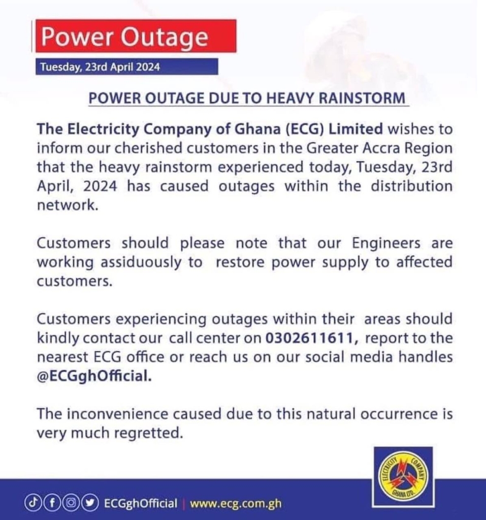 Rainstorm caused power outages in Greater Accra Region - ECG