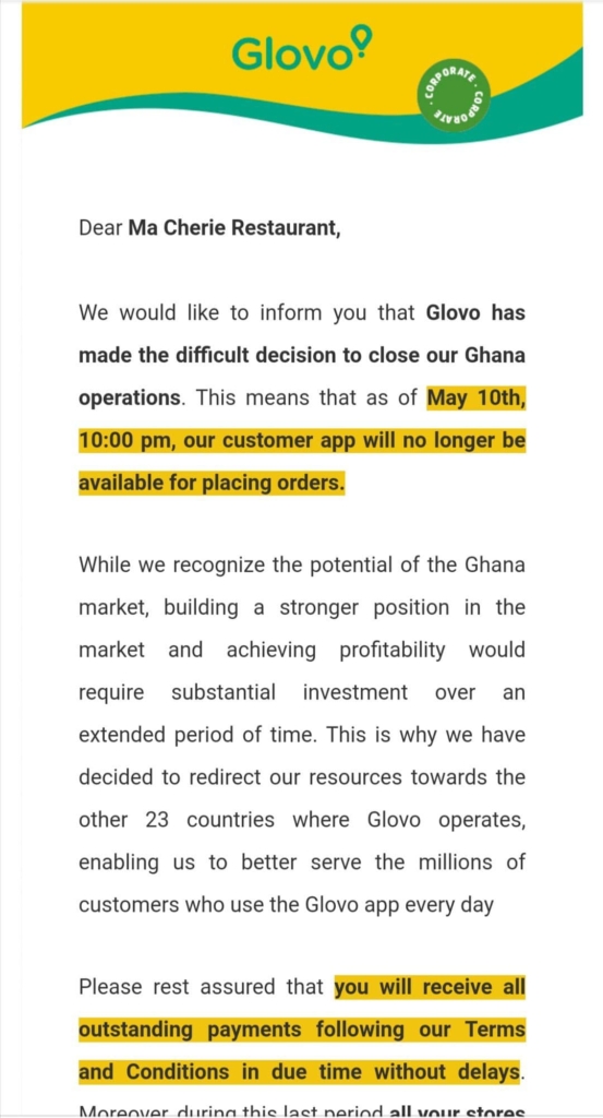Glovo announces shutdown of operations in Ghana