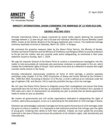 Amnesty Int'l urges police to pursue, jail persons involved in marriage of priest, 63, to girl, 12