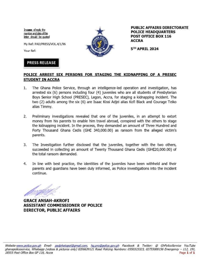 Police arrest 6 persons for allegedly staging kidnap of PRESEC Legon student