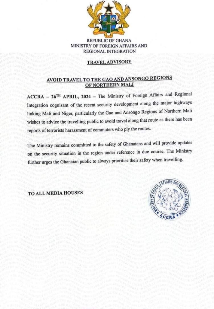 Foreign Affairs Ministry advises against travelling to Northern Mali