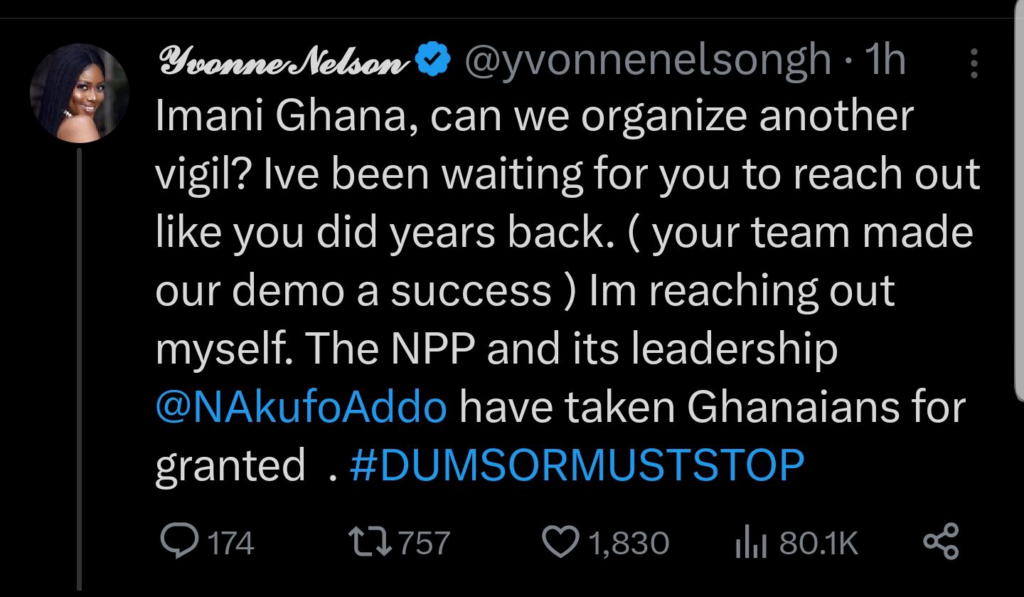 Dumsor: Yvonne Nelson criticises Akufo-Addo for taking Ghanaians for granted, proposes another vigil