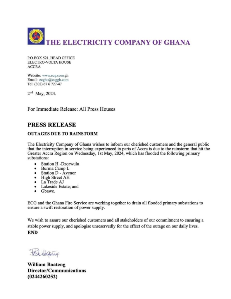 Seven ECG substations in Accra flooded over Wednesday's downpour