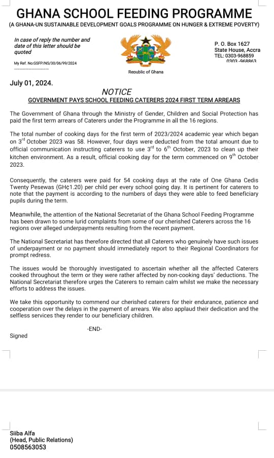 School Feeding Secretariat appeals to caterers for calm amid underpayment complaints