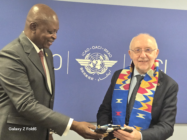 Minister for Transport, Hon. Joseph Bukari Nikpe (left), with ICAO Council President Salvatore Sciacchitano during the 42nd ICAO Assembly in Montréal, Canada.