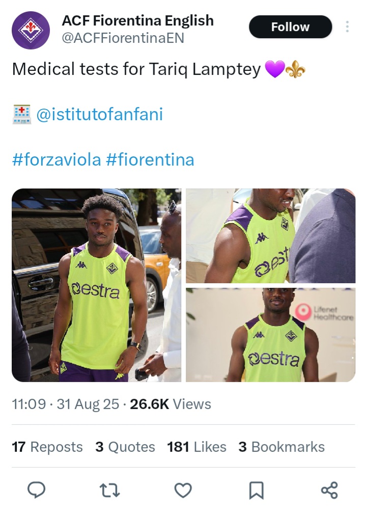 Fiorentina announce Tariq Lamptey’s arrival for medicals ahead of €6m move