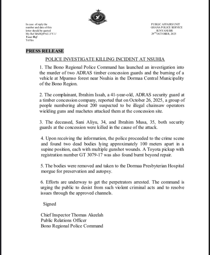 Bono Region: Police launch investigation into killing of two timber guards at Nsuhia