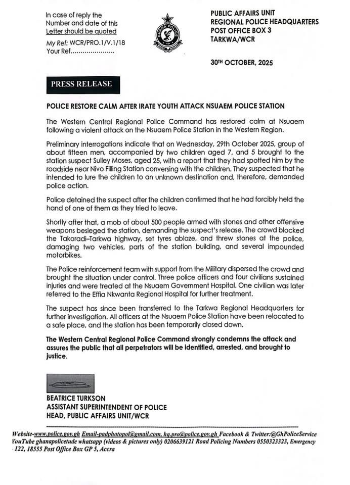 Police restore calm after irate youth attack Nsuaem Police Station