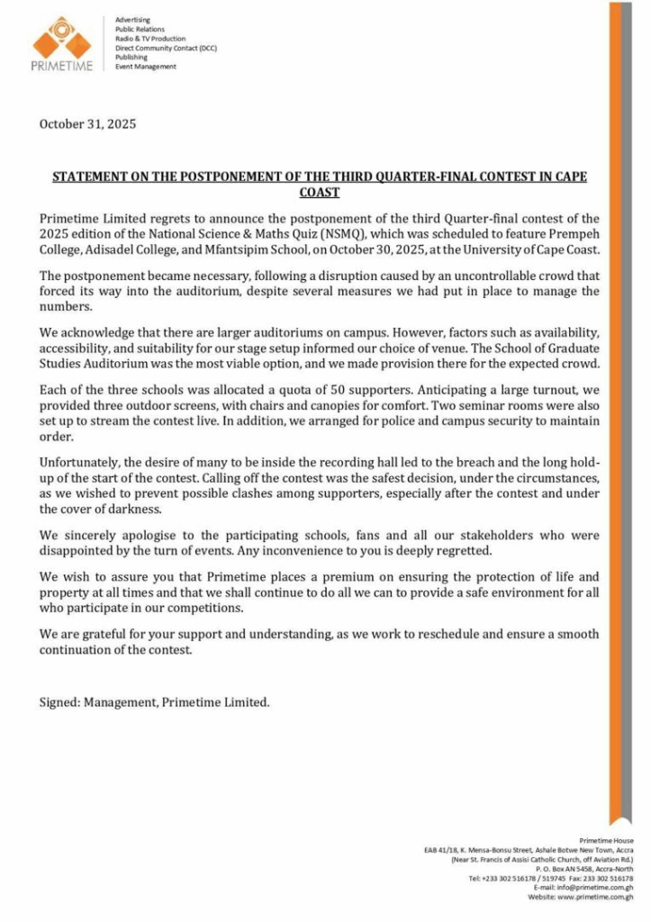 NSMQ 2025 third quarter-final contest postponed after crowd disruption - Primetime NSMQ 2025 third quarter-final contest postponed after crowd disruption - Primetime