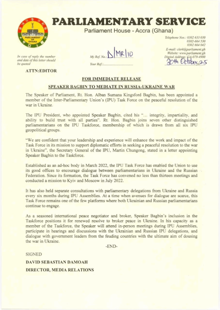 Speaker Bagbin appointed member of taskforce to mediate in Russia-Ukraine war Speaker Bagbin appointed member of taskforce to mediate in Russia-Ukraine war