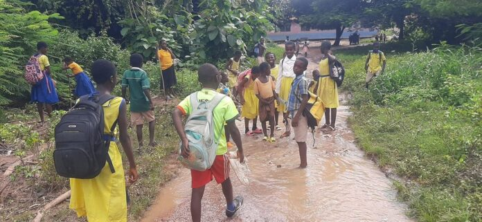 Flooded river cuts off pupils of Badu Methodist ‘B’ Basic School in Tain District