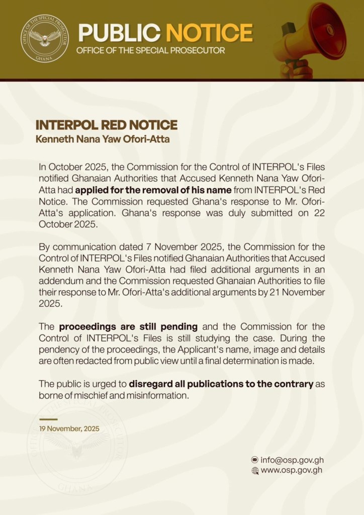OSP clarifies why INTERPOL has temporarily removed Red Alert Notice on Ken Ofori-Atta