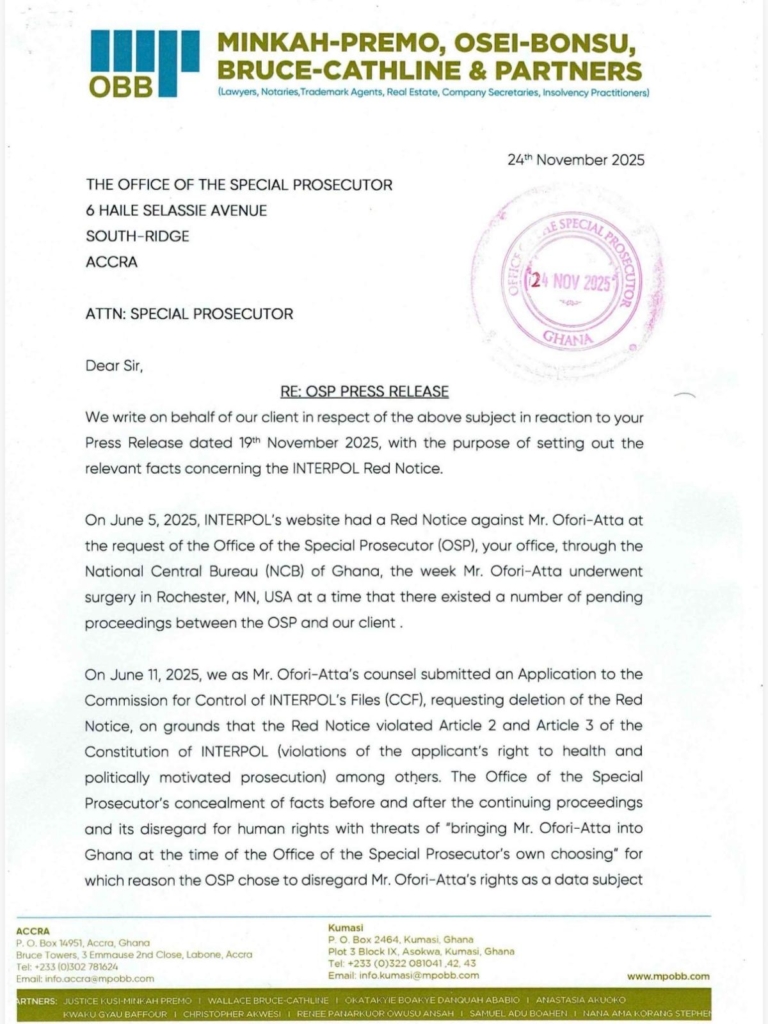 OSP deceived public over Ofori-Atta's red notice “redaction” – Lawyers allege