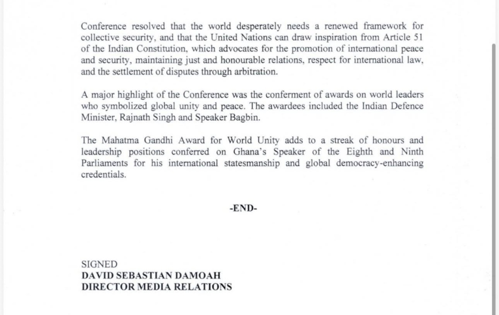 Speaker Bagbin honoured with Mahatma Gandhi Award for World Unity Speaker Bagbin honoured with Mahatma Gandhi Award for World Unity