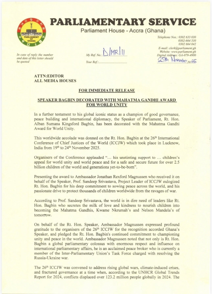 Speaker Bagbin honoured with Mahatma Gandhi Award for World Unity Speaker Bagbin honoured with Mahatma Gandhi Award for World Unity