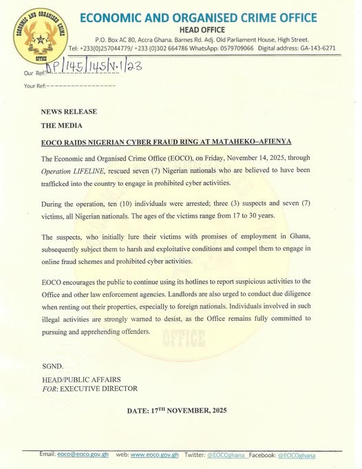 EOCO rescues 7 Nigerians forced into cyber fraud at Mataheko–Afienya EOCO rescues 7 Nigerians forced into cyber fraud at Mataheko–Afienya