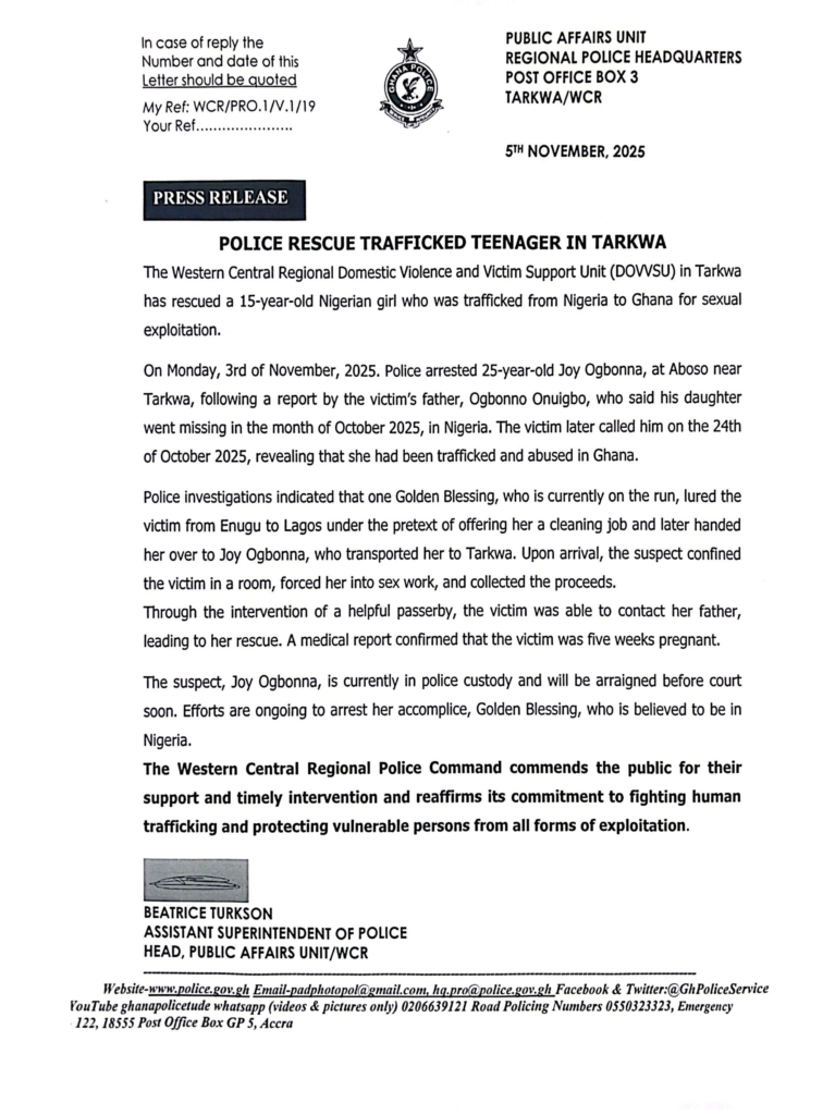 Police rescue trafficked Nigerian teenager in Tarkwa