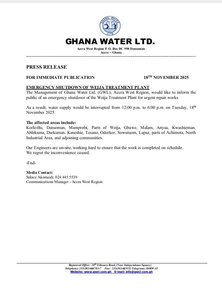 GWL shuts down Weija Treatment Plant for repair works GWL shuts down Weija Treatment Plant for repair works