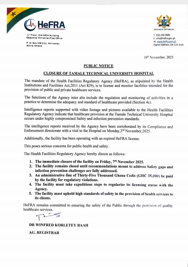 HeFRA shuts down Tamale Technical University Hospital over safety violations
