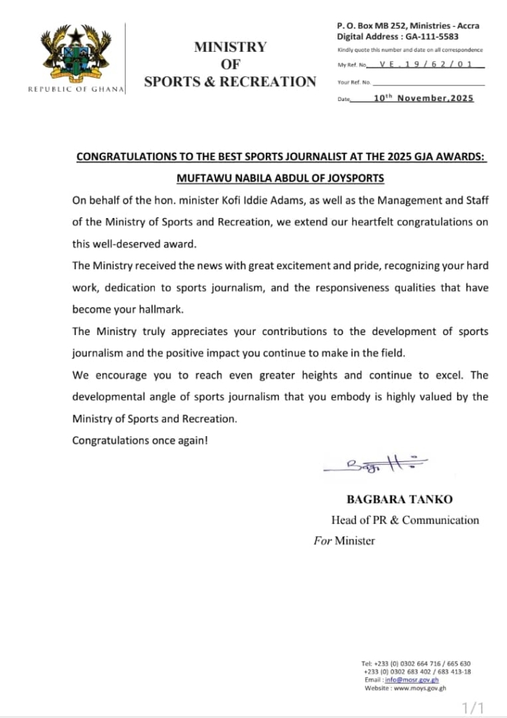 Sports Ministry hails Muftawu Nabila Abdulai for winning GJA Sports Journalist of the Year for the second consecutive time